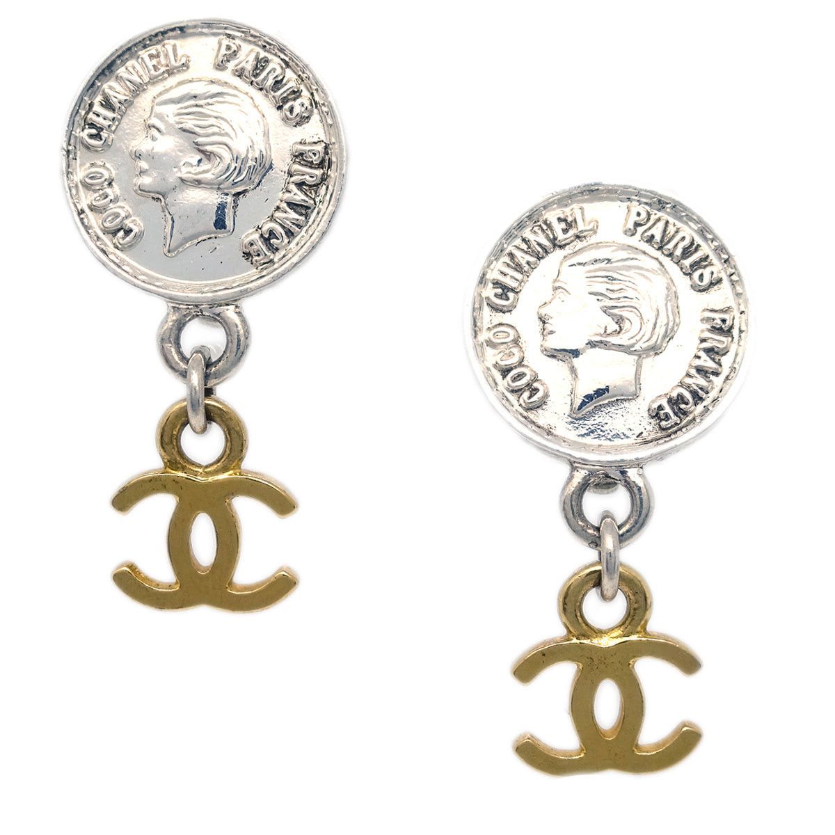 image of Chanel Medallion Dangle Earrings Gold Silver Clip-On 97P 112306, Women's