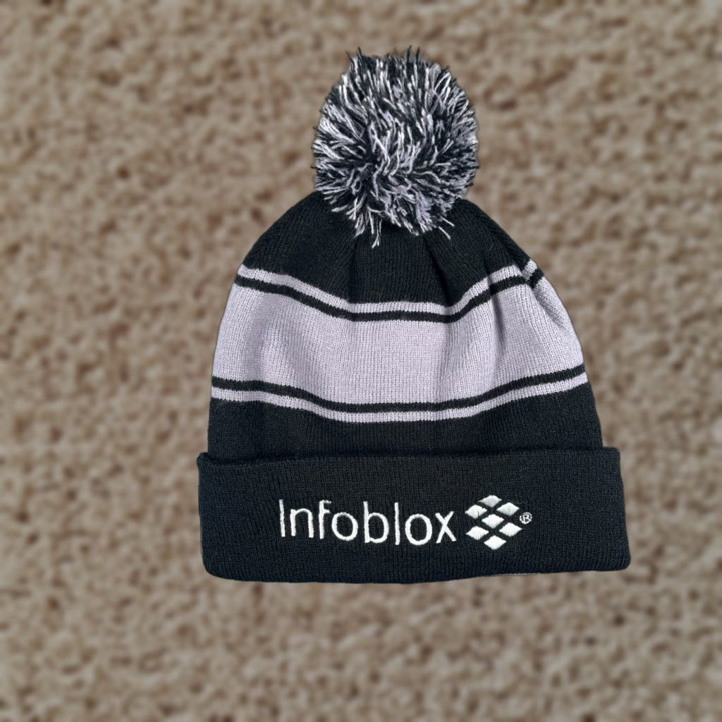 Vintage Infoblox Beanie Toque Adult One Size Gray Black Knit Striped 100% Acrylic Pom Size ONE SIZE - 1 Thumbnail