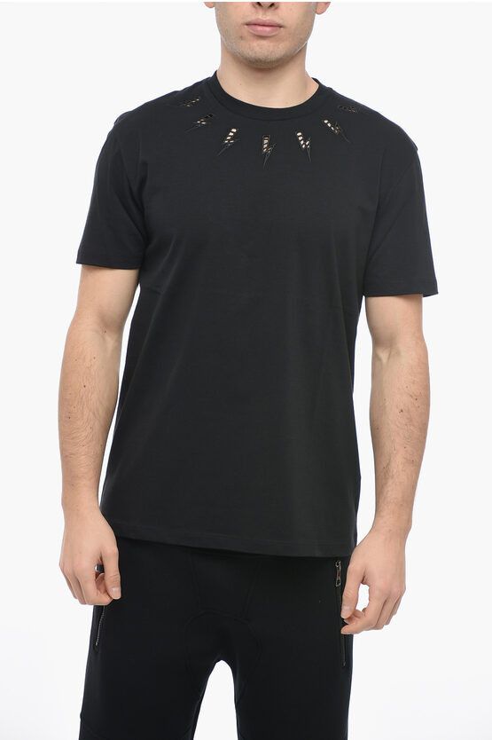 image of Neil Barrett Crew Neck Broderie Anglaise Slim Fit T-Shirt in Black, Men's (Size 2XL)