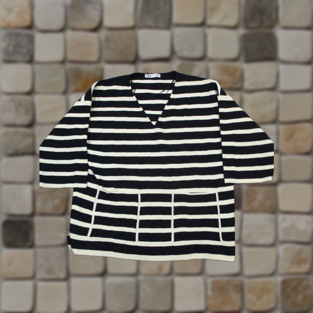 Zara Zara Sweater Womens Small Blue Beige Knit Pullover V-Neck Long Sleeve Casual Winter Fall Regular Polyester Knit Pattern Striped Size S / US 4 / IT 40 - 1 Thumbnail