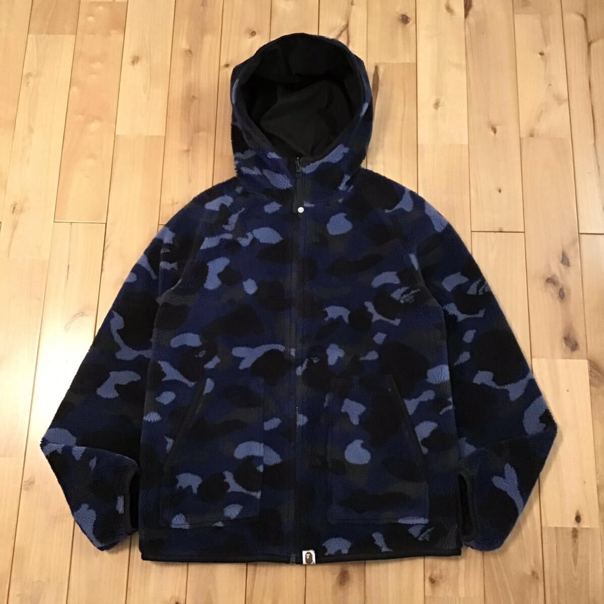 image of Reversible Blue Camo X Black Boa Zip Hoodie Bape Ape in Black/Blue, Men's (Size Medium)