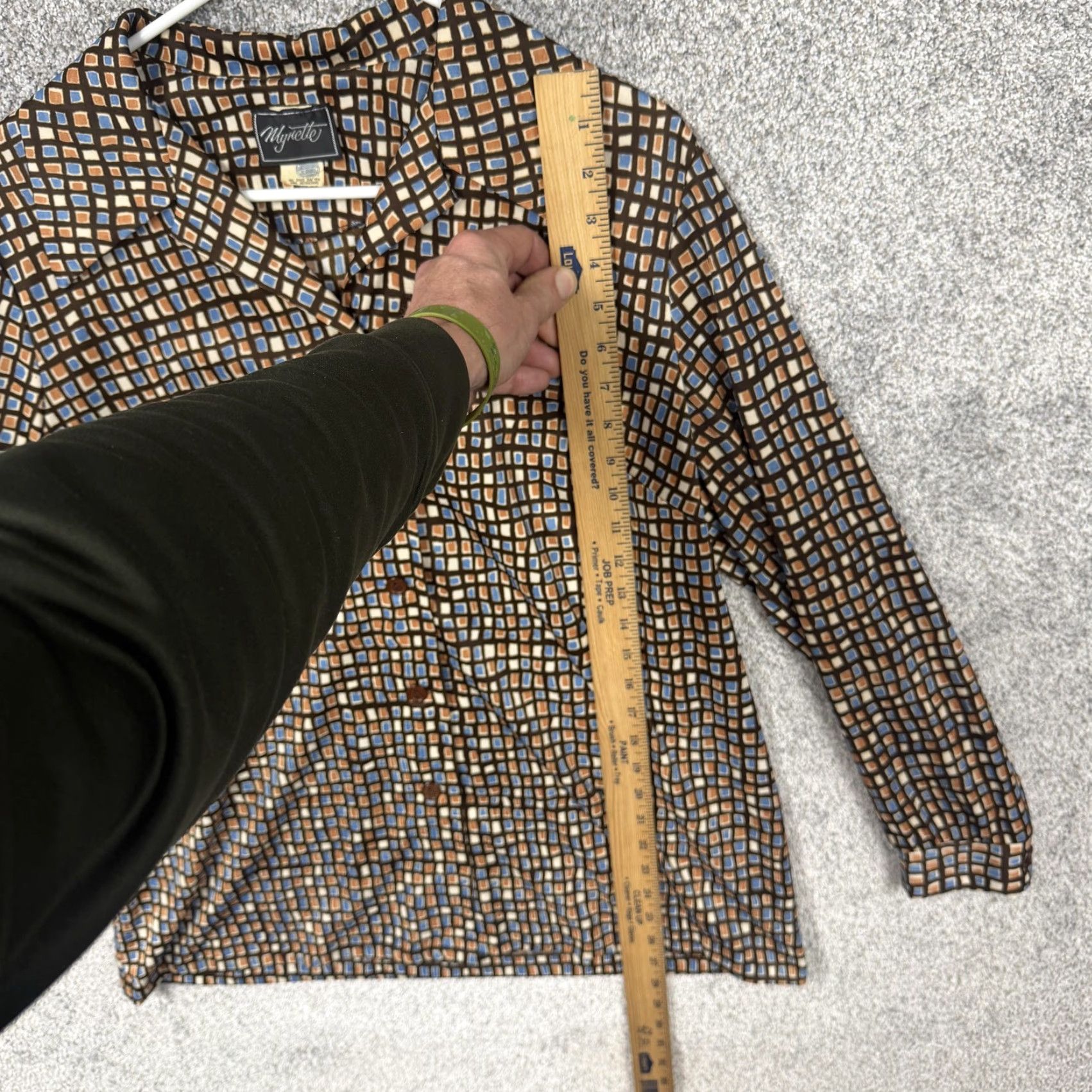 Vintage VINTAGE Mynette Blouse Geometric Brown 18 Women's Long Sleeve Button Front Collared ILGWU Secretary Modern Retro 70s Size XXL / US 16-18 / IT 52-54 - 2 Thumbnail