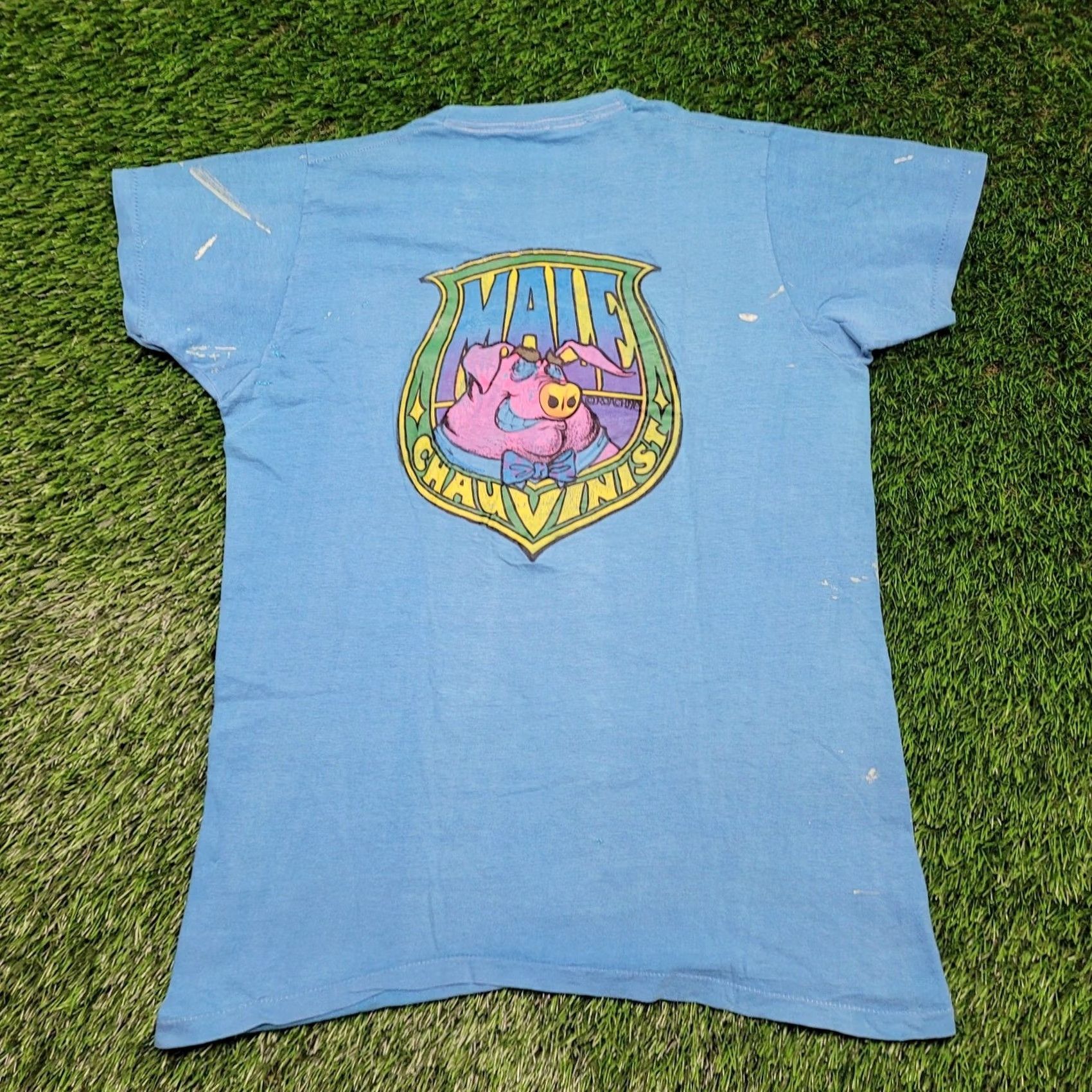 Fruit Of The Loom VINTAGE Roach Studios T-Shirt Male Chauvinist 70s Pig Graphic 50/50 1973 Mens Small Bloodstains Distressed Short Sleeve Crew Neck Paper Thin Size US S / EU 44-46 / 1 - 2 Thumbnail