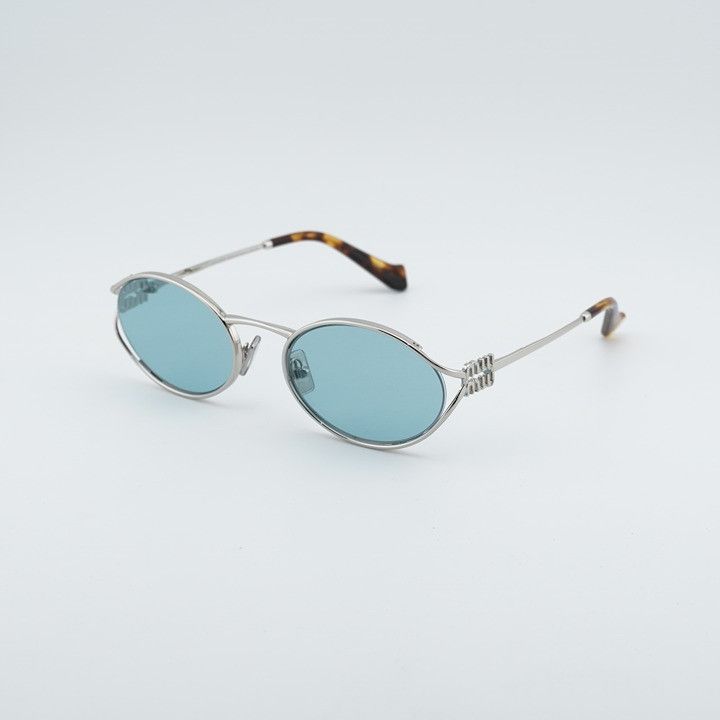 Miu Miu Miu Miu MU52YS 1BC20R Sunglasses Silver Oval Frame, Blue Size ONE SIZE - 1 Thumbnail