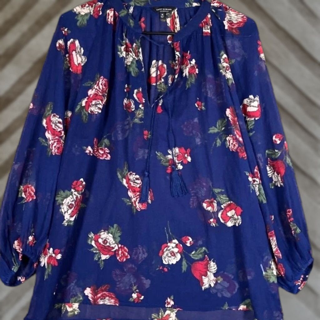 Lucky Brand Lucky Brand Womens Blouse Blue Floral Sheer V-Neck Front Tie Long Sleeve Medium Shirt Womens Blouse Boho Floral Blue 90s? Size M / US 6-8 / IT 42-44 - 1 Thumbnail