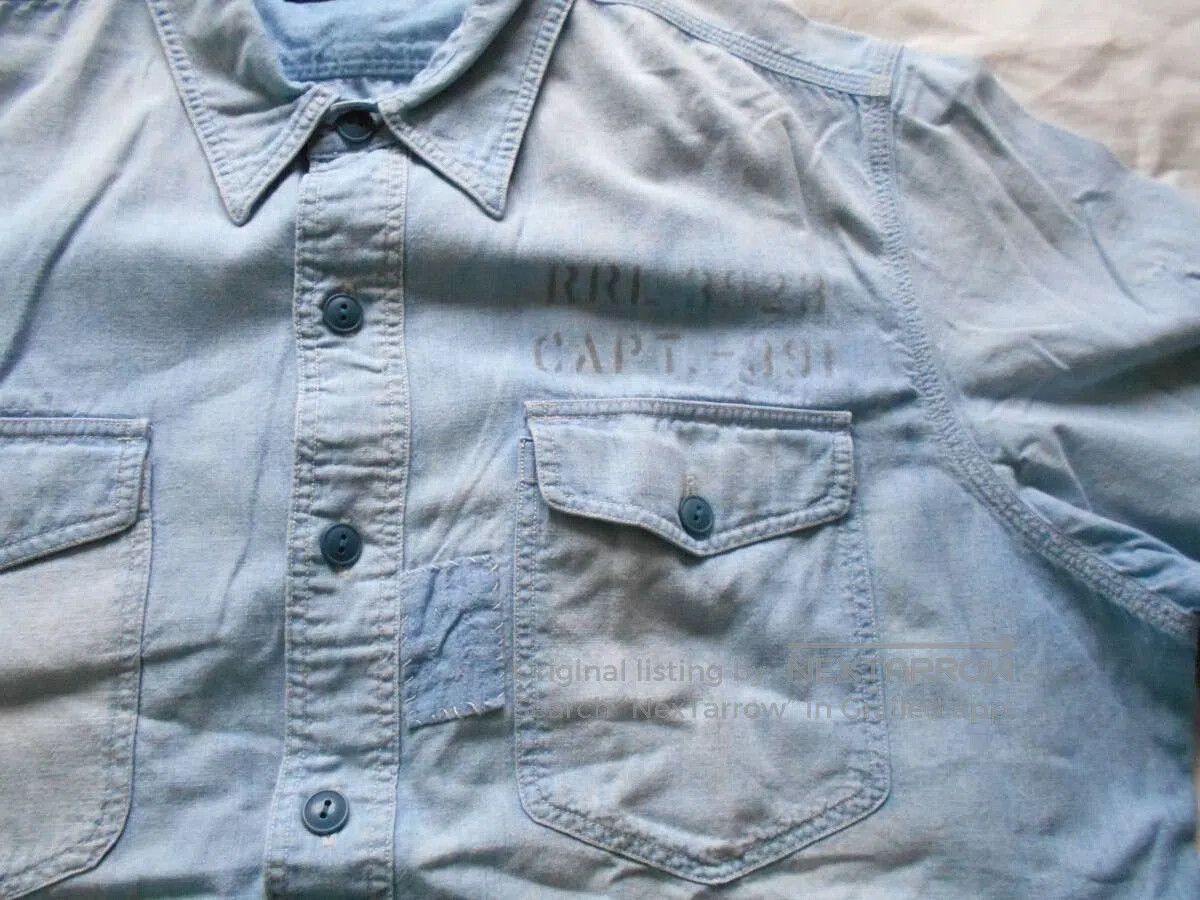 RRL Ralph Lauren Vintage Blue Military Patch Shirt. Size US L / EU 52-54 / 3 - 3 Thumbnail