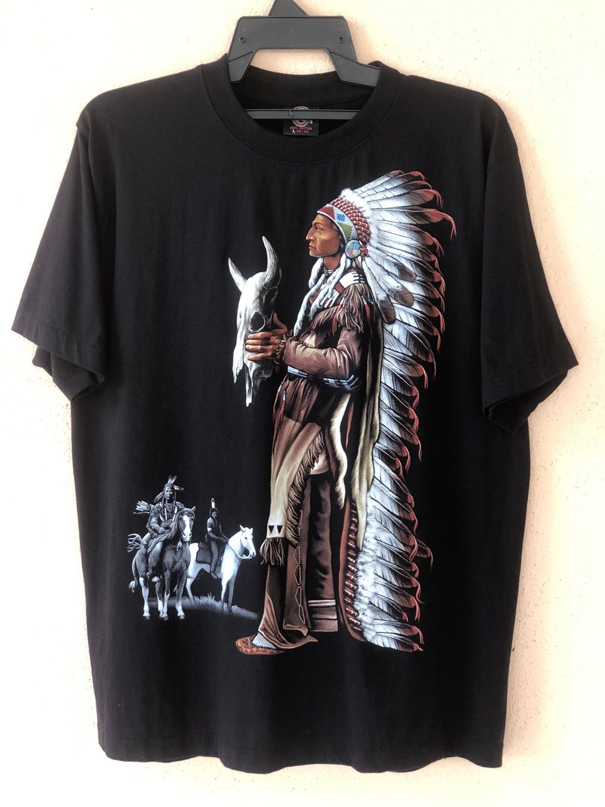 image of Vintage American Native Red Indian Big Print Tee in Black, Men's (Size Large)