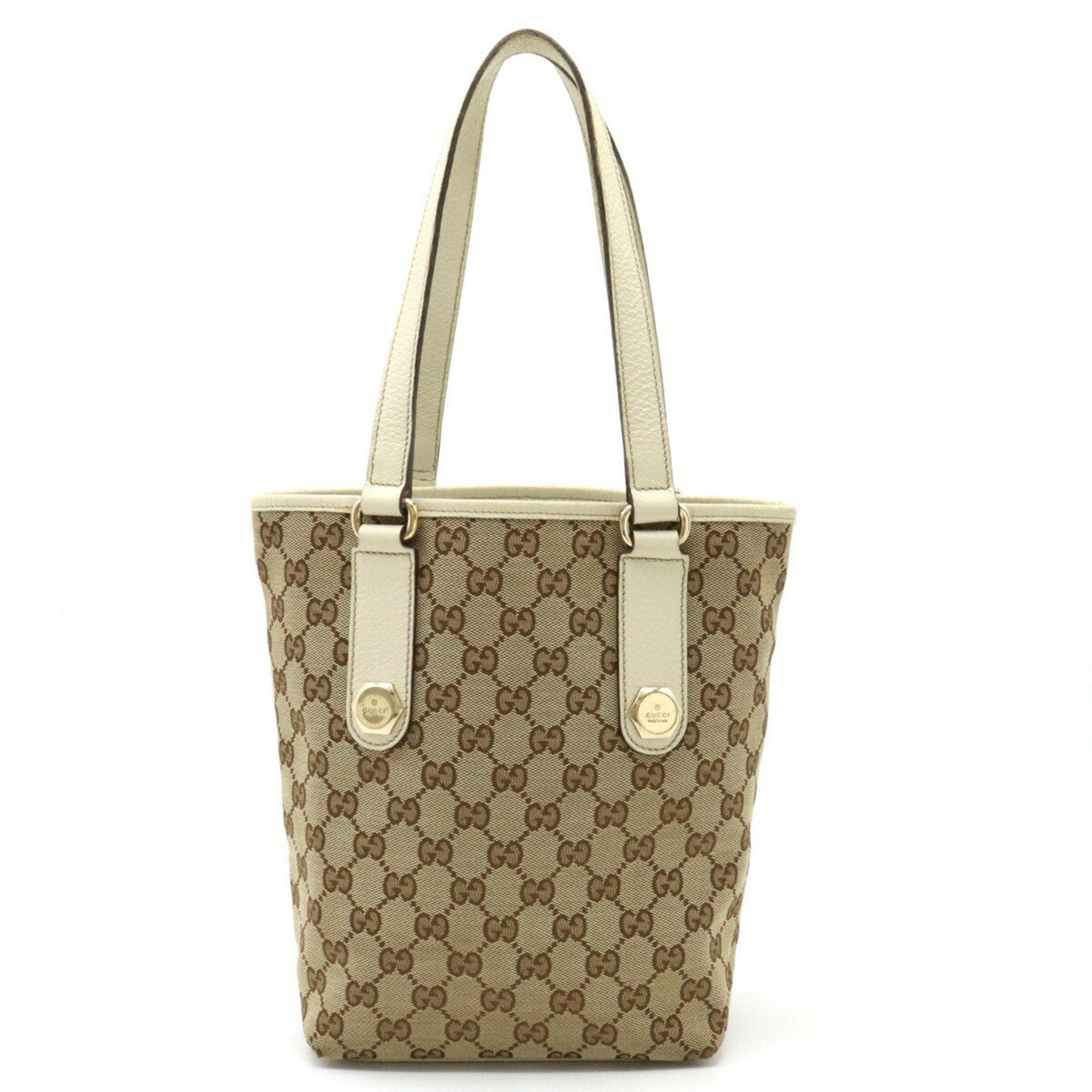 image of Gucci GG Canvas Tote Bag Shoulder Leather Khaki Beige Ivory 153361 in Tan, Women's