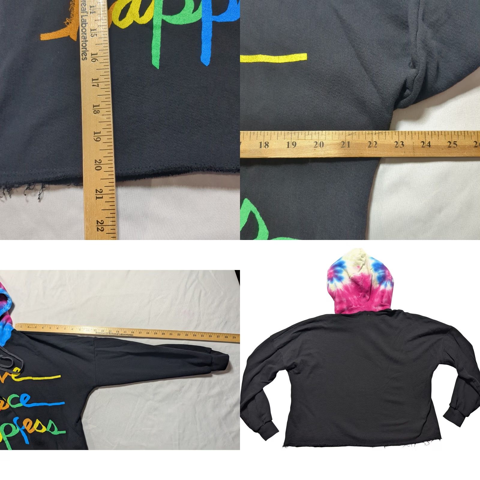 Vintage Lauren Moshi Hoodie Cropped Black Tie Dye Hood Love Peace Happiness Small Womens Sleeve Long Pullover Graphic Print Casual Satin? Size S / US 4 / IT 40 - 8 Thumbnail