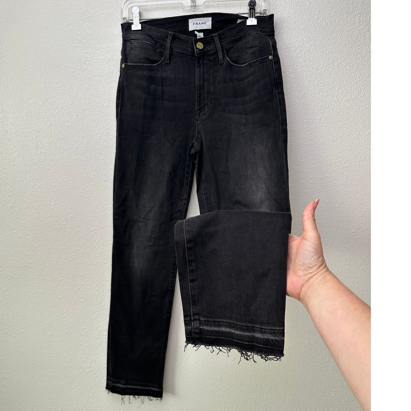 Frame NWT Frame Le High Straight Jeans Black Raw Hem Women's 27 Size 27" / US 4 / IT 40 - 1 Thumbnail