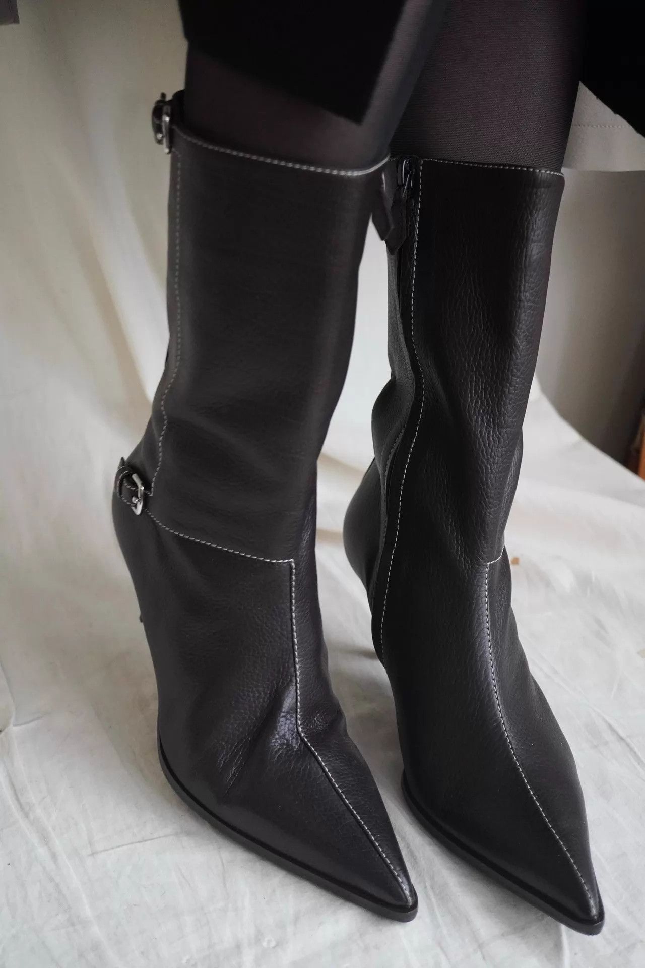 Hermes Rare 2000s Hermes White Stitch Low Heel Boots 38 Size US 7.5 / IT 37.5 - 7 Thumbnail