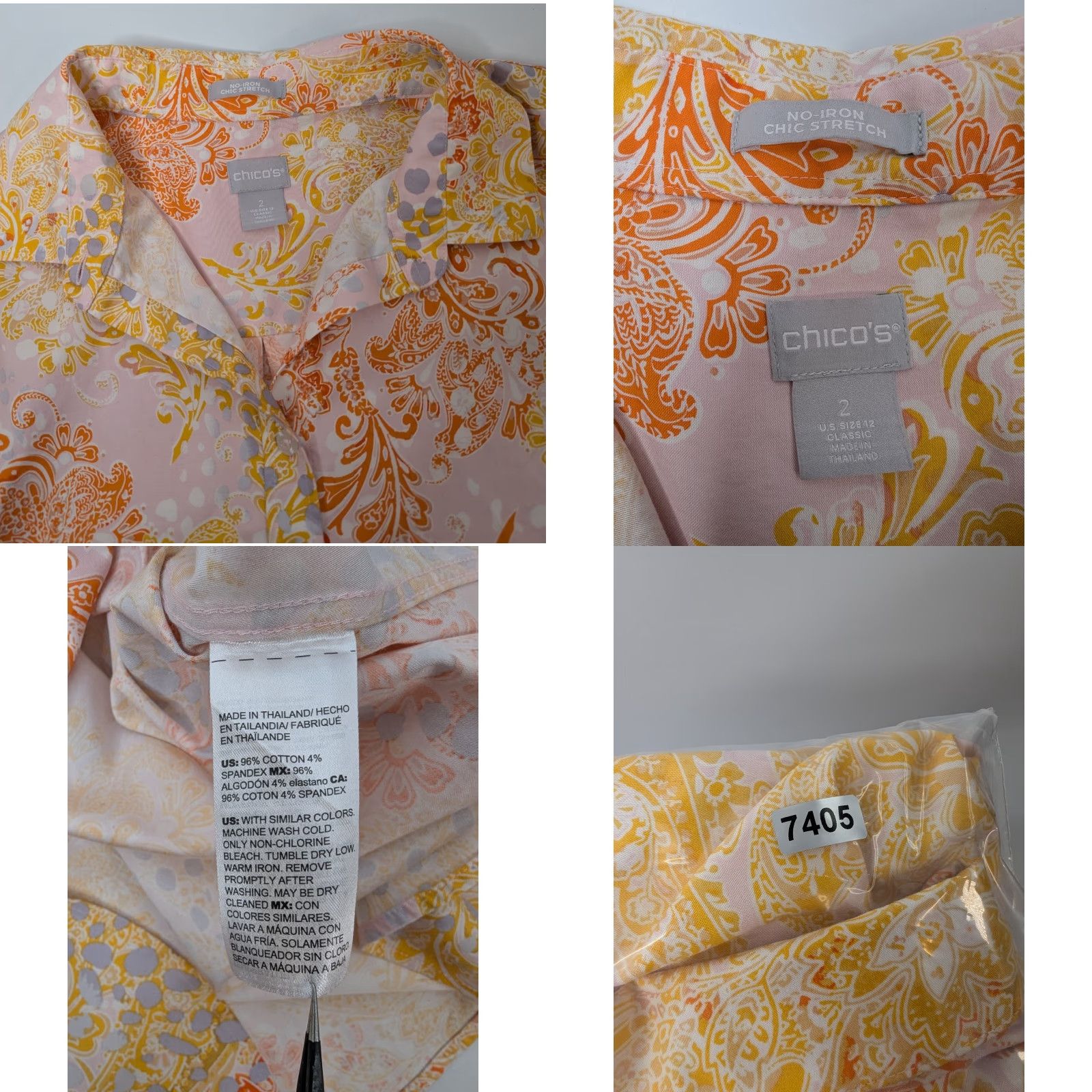 Vintage Chico’s Blouse Shirt Womens 2 Paisley No Iron Chic Stretch Button 3/4 Sleeve Collared Orange Cotton Spandex Size XS / US 0-2 / IT 36-38 - 8 Thumbnail