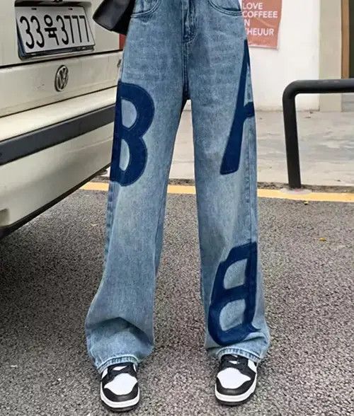 Jean Graphic Casual Pants Straight Wide Leg Jeans Size US 32 / EU 48 - 3 Thumbnail