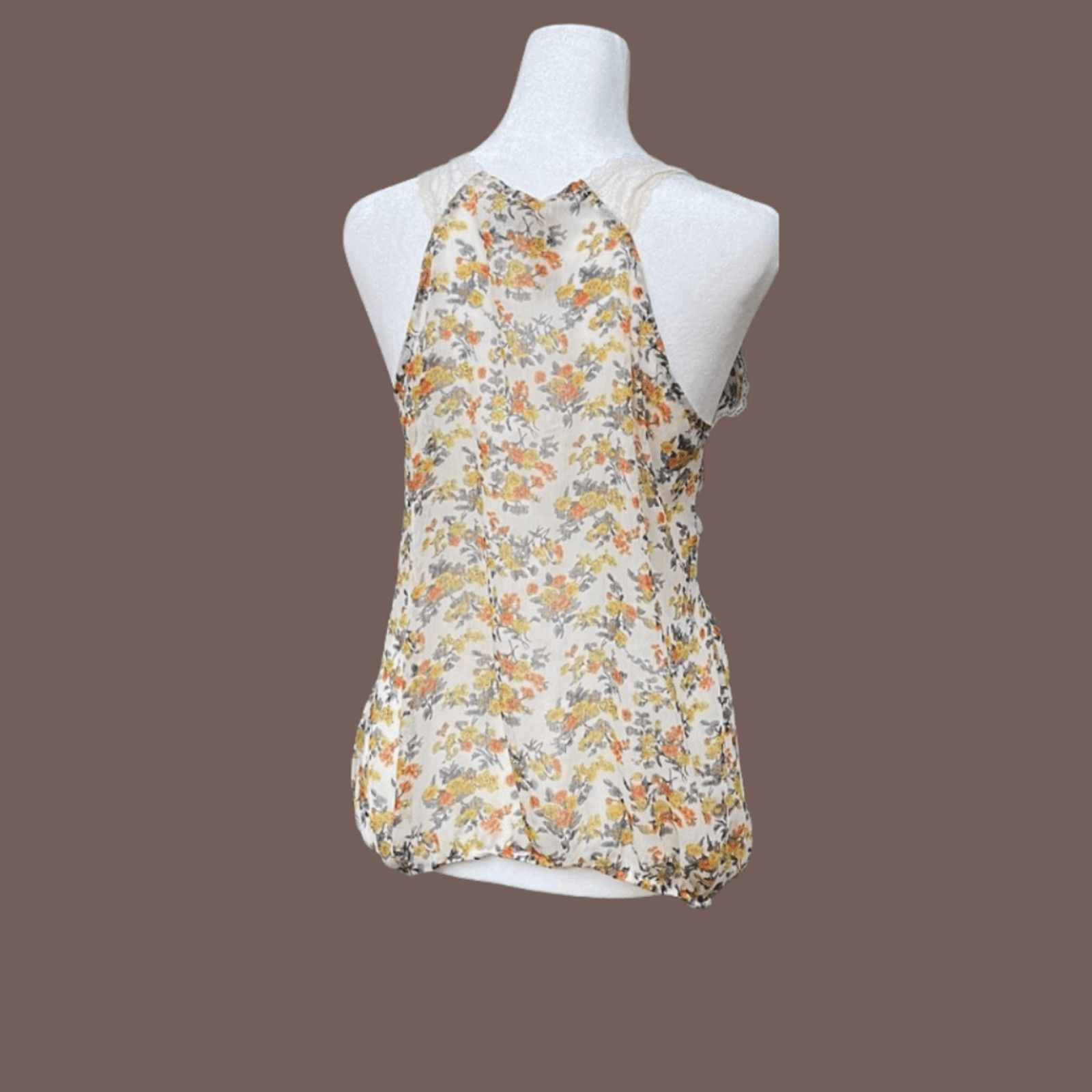 Vintage VTG Tank Top | Mima Chica Yellow Floral Lace | 90s Cottage Size L / US 10 / IT 46 - 3 Thumbnail