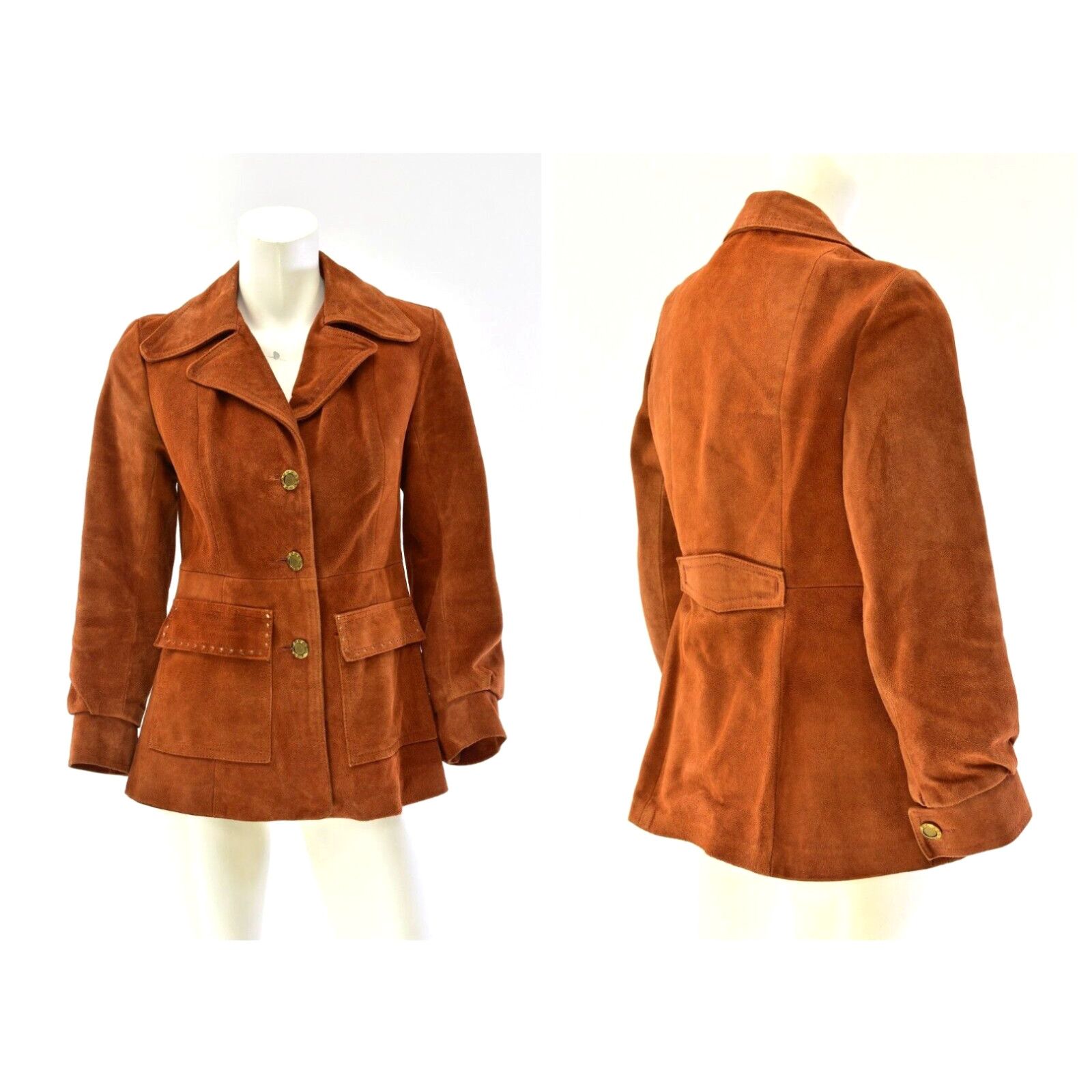 image of 70's Vintage Burnt Orange Suede Leather Coat Womens S Button Front in White (Size Small)