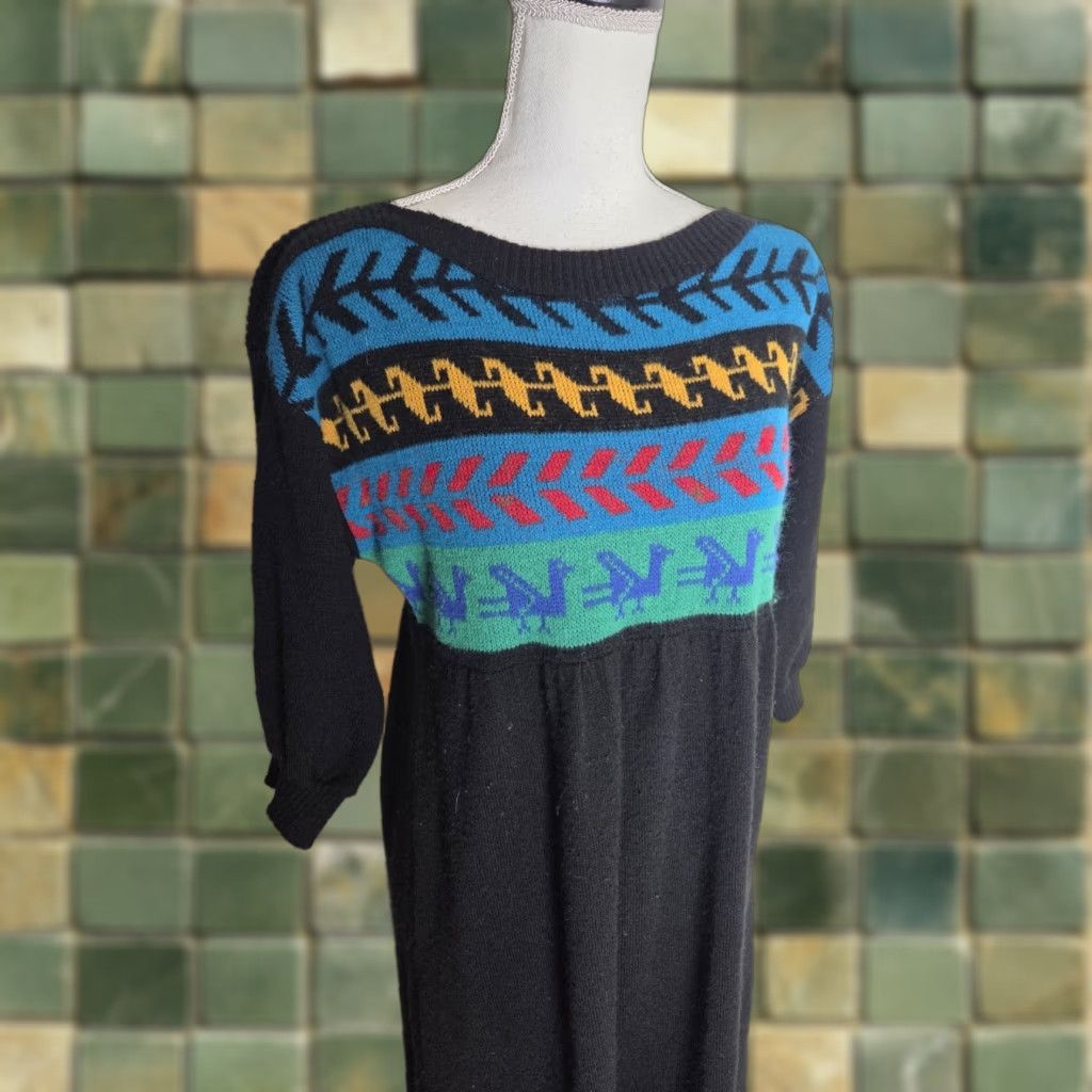 VINTAGE 90s Fair Isle Knit Sweater Dress Medium South Western Black Midi Aline  Dress Womens Bohemian