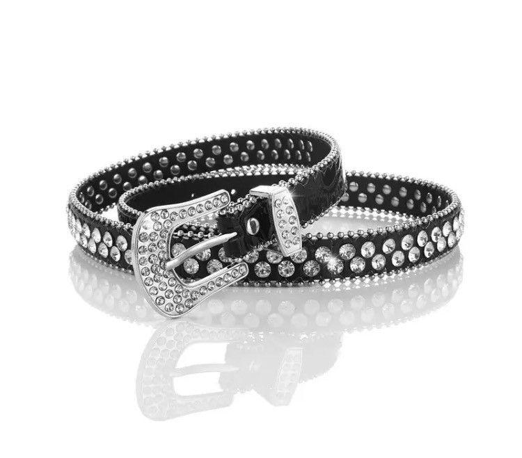 image of Black Color Rhinestone Bling Buckle Pu Leather Belt, Men's