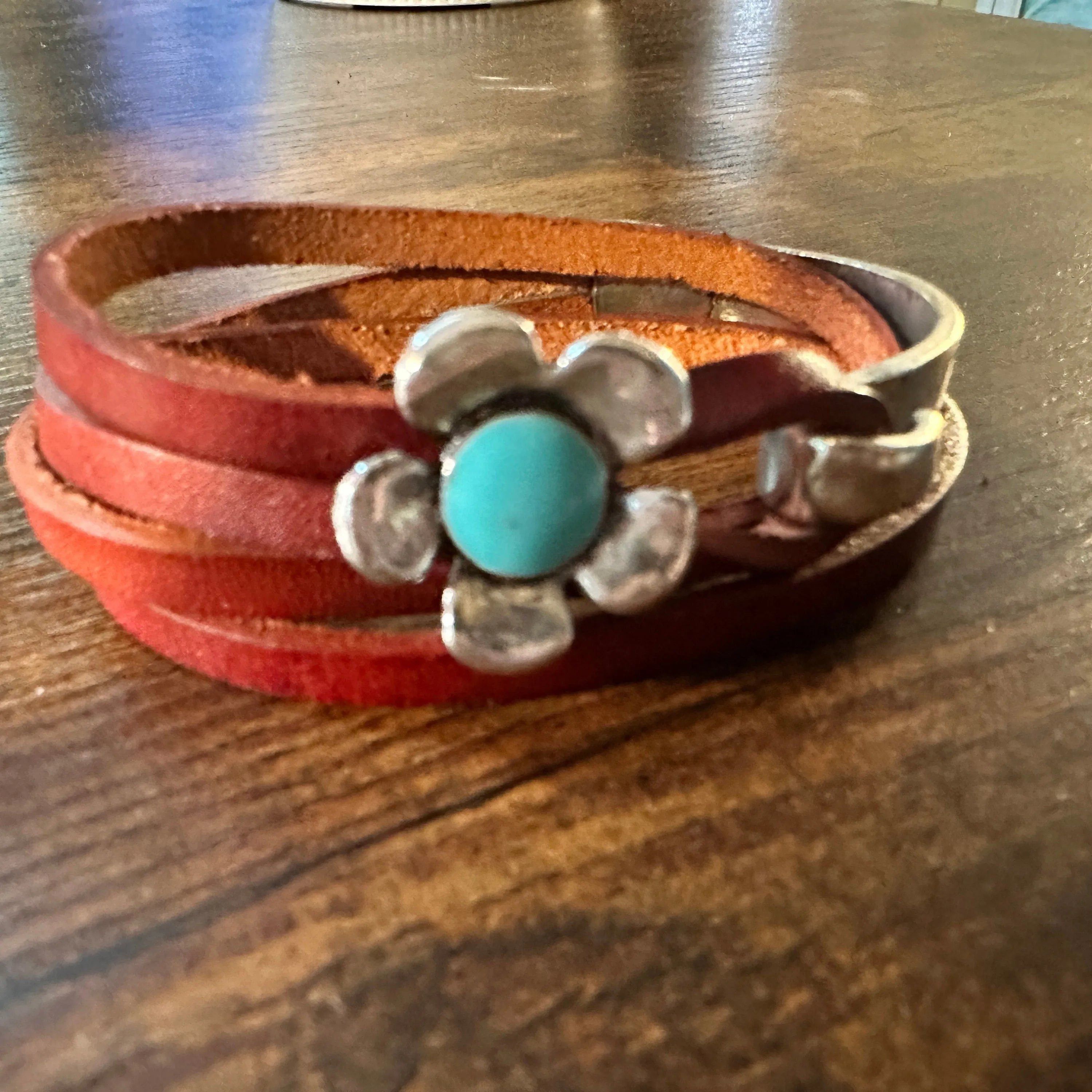 Other Brown Leather Flower Bracelet, Double Wrap, Boho Flower Leat Size ONE SIZE - 5 Thumbnail