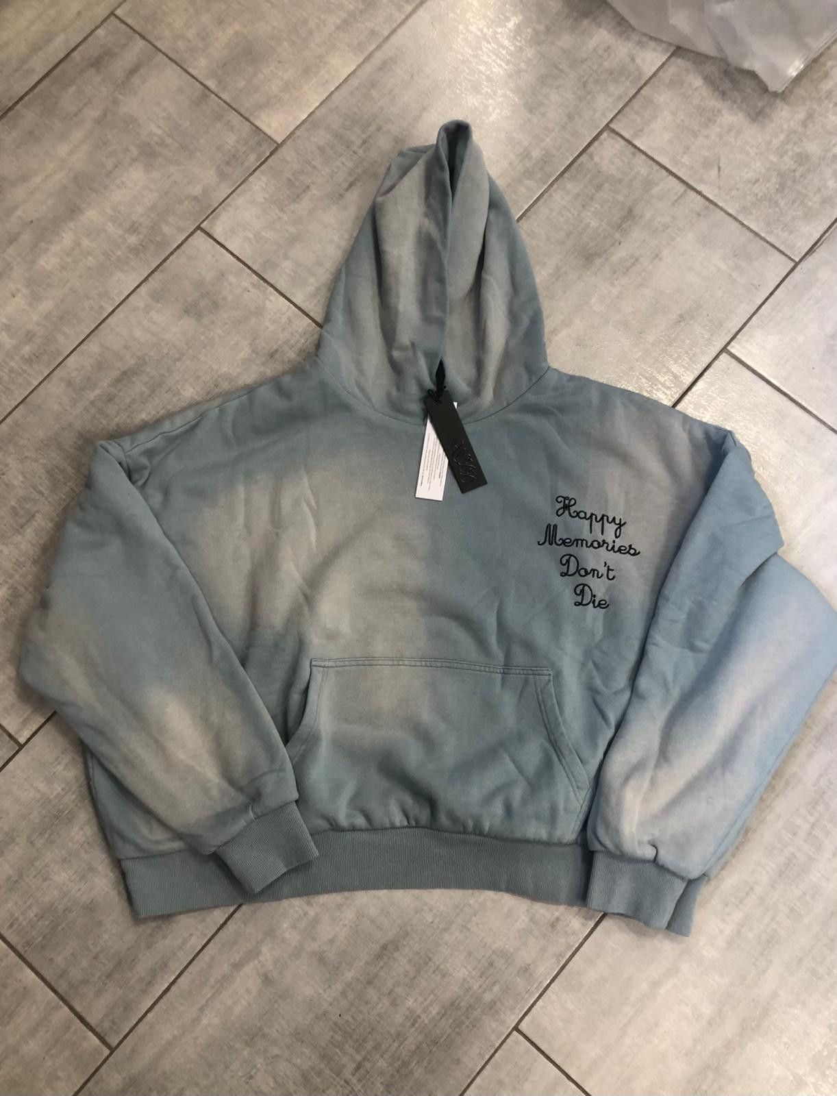 Image of Vintage Happy Memories Don't Die Hmdd Sky Blue Sunfaded 2Ply Hoodie, Men's (Size Large)