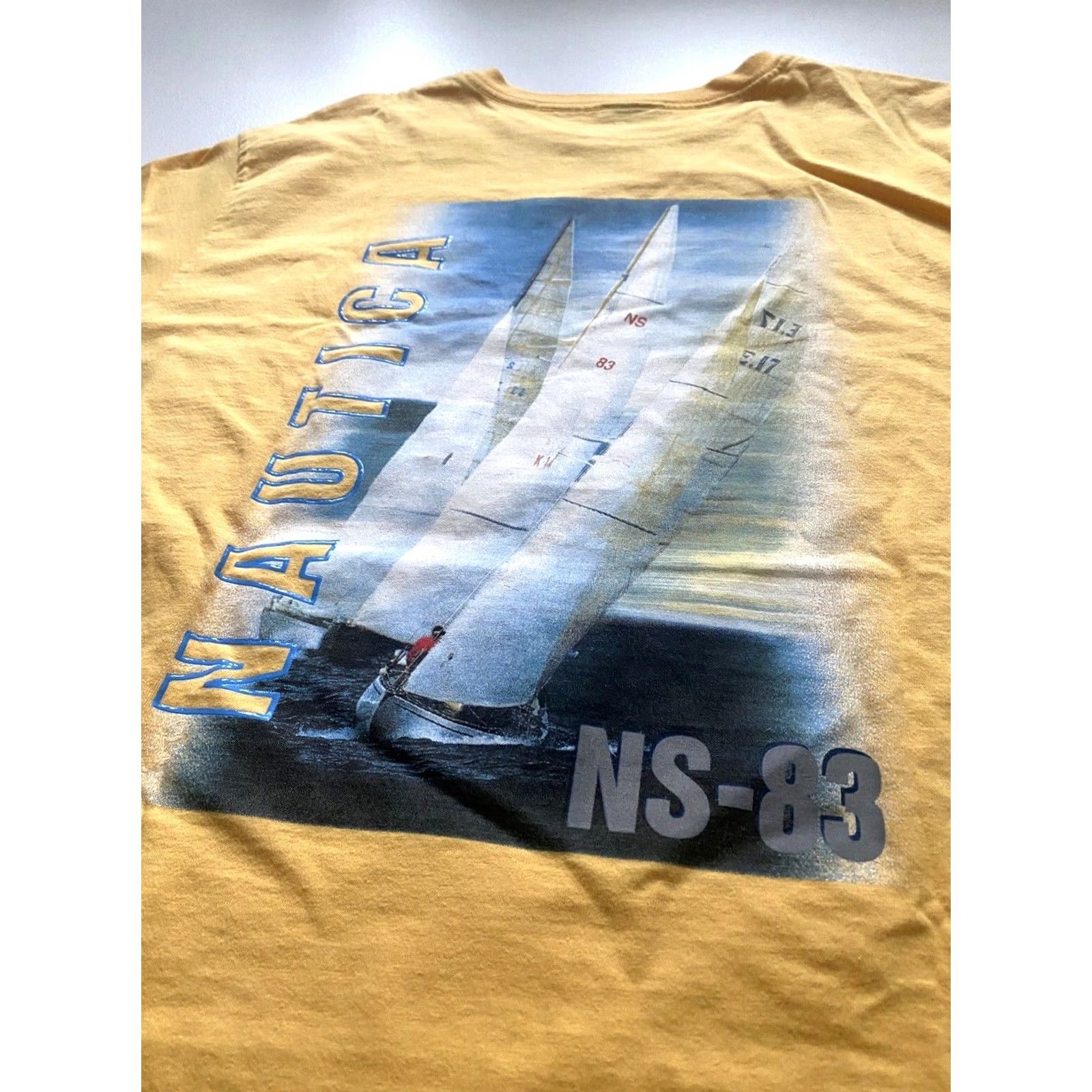 Nautica Nautica NS-83 Men's Vintage 90s T-shirt Double-Sided Crew Neck 100% Cotton Sz L Made in Canada Yellow Sailign Pattern Graphic Print Shirt Ladies? Size US L / EU 52-54 / 3 - 4 Thumbnail