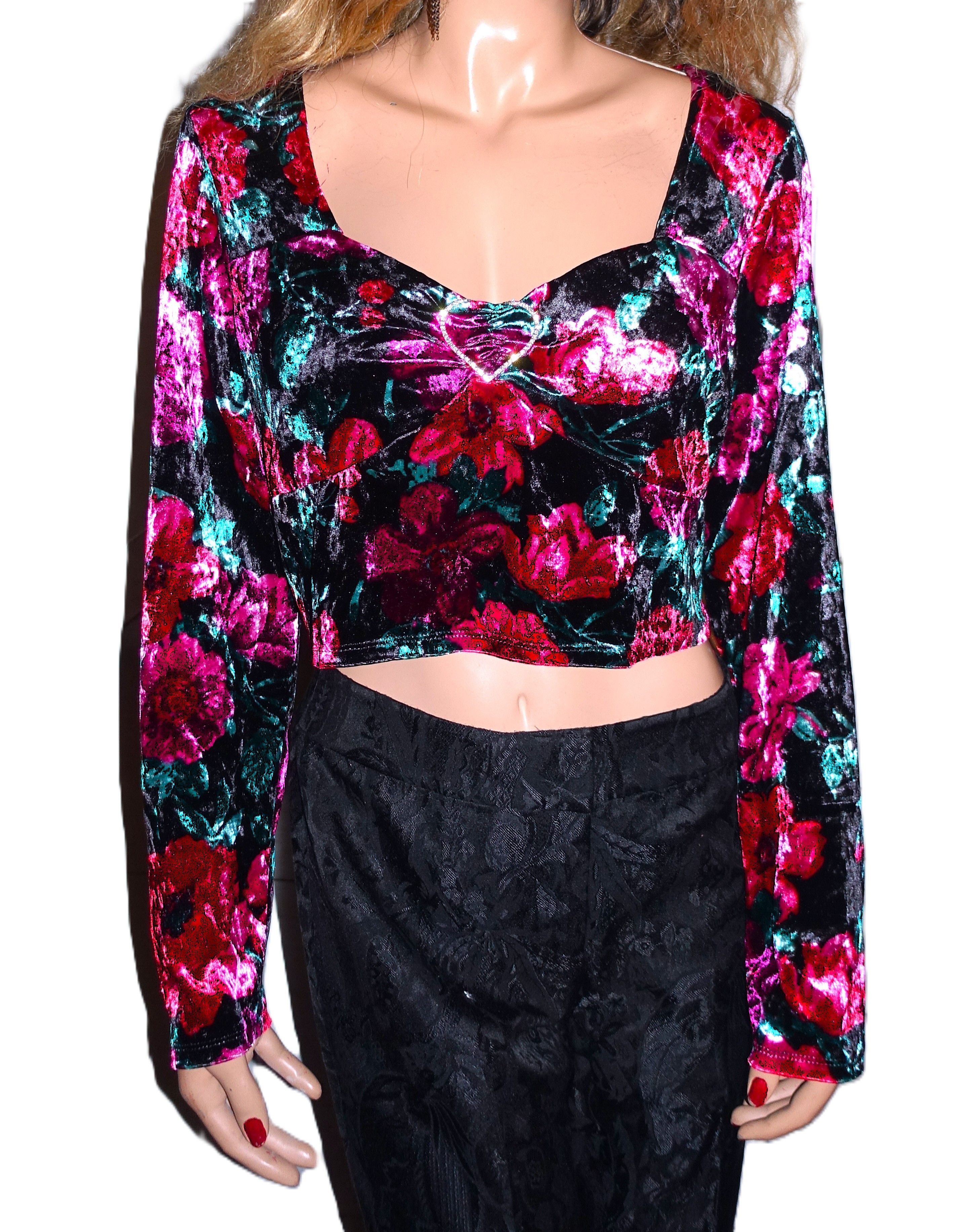 Madden NYC Madden NYC Red Floral Velvet Cropped Blouse XXL Size XXL / US 16-18 / IT 52-54 - 1 Thumbnail