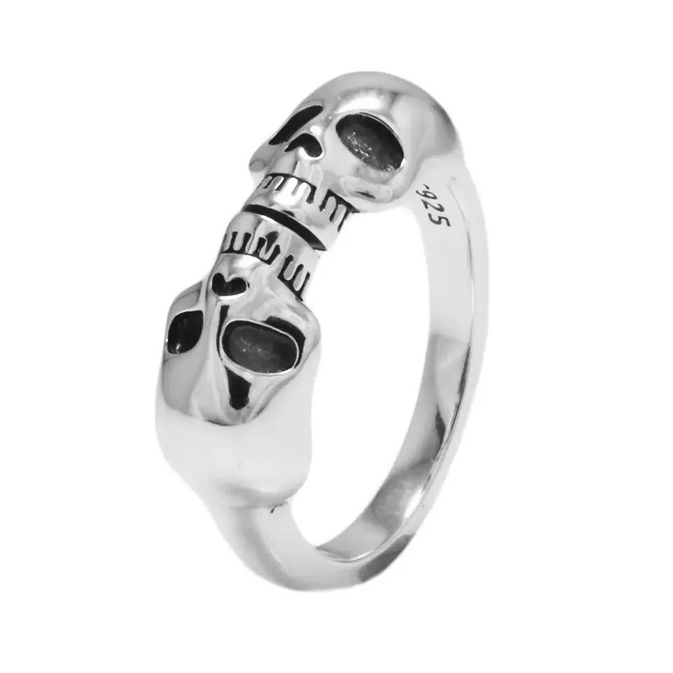 Jewelry × Sterling Silver 925 Sterling Silver Double Head Skull Vintage Thai Ring Size ONE SIZE - 1 Thumbnail