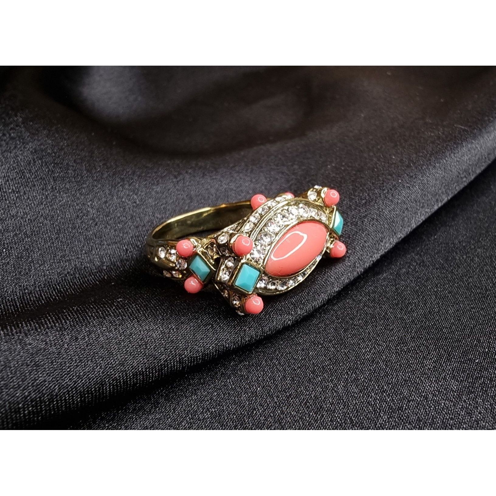Vintage Heidi Daus Crystal & Enamel Statement Ring With Pink Coral & Size ONE SIZE - 1 Thumbnail