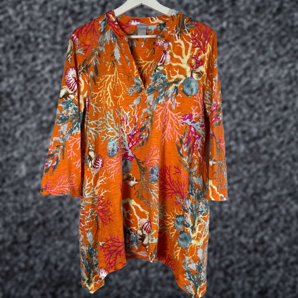 Vintage Chico'S Womens Orange Reef Print Tunic Size 2 Large 3/4 Sleeve Summer Top Casual Size L / US 10 / IT 46 - 1 Thumbnail
