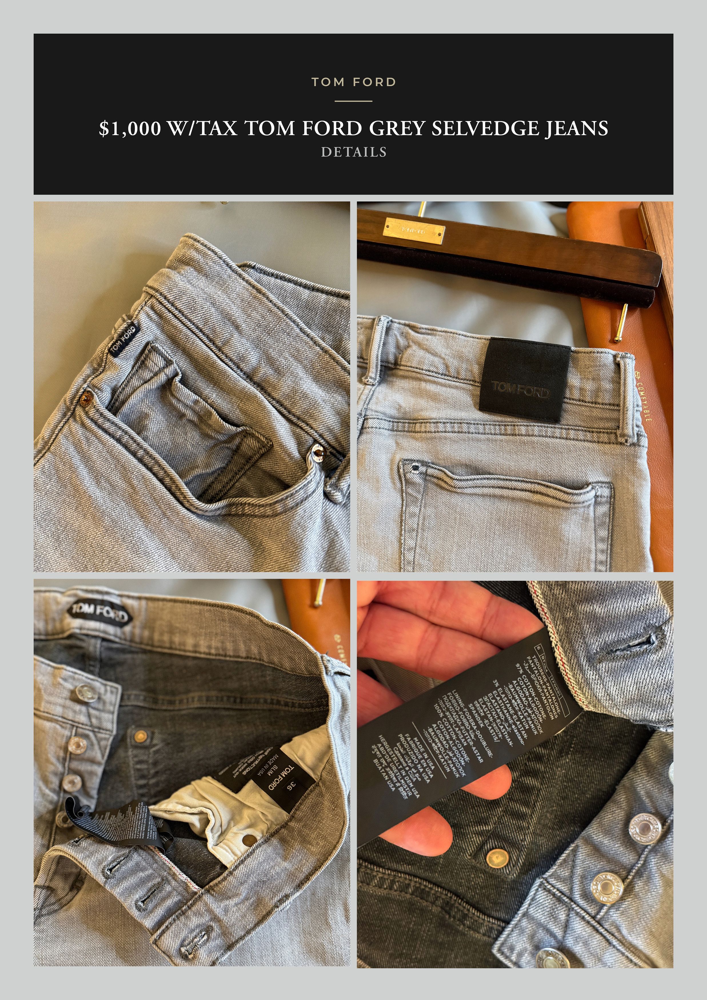 Tom Ford Fit 32, Effortless Cool $1K w/tax Contrast Cuff Selvedge Size US 36 / EU 52 - 13 Thumbnail