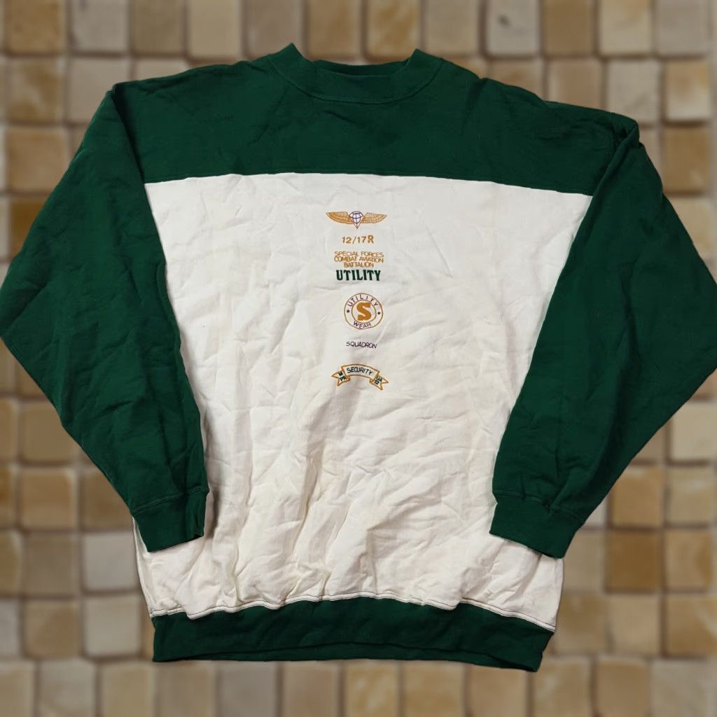 Vintage 80s Combat Aviation Army Military Sweatshirt Men Large Green Fleece Crewneck Retro 90s College Athletic