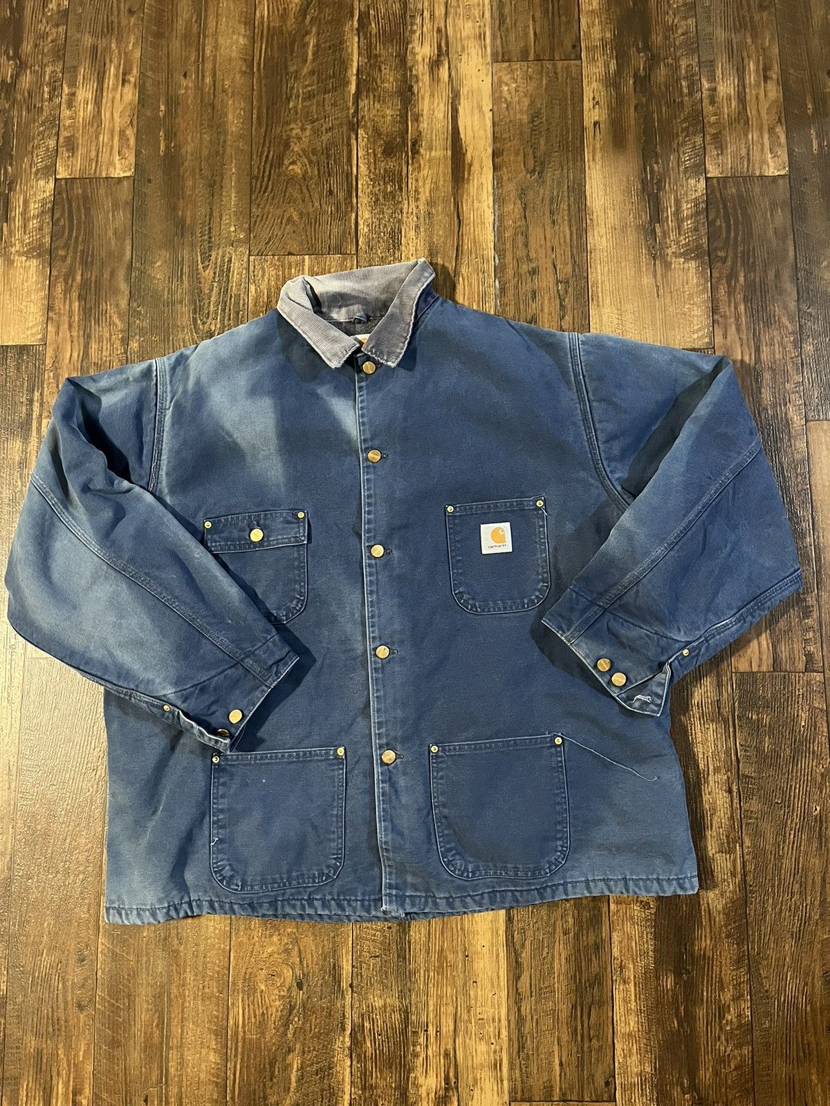 image of 90's Vintage Beautiful Faded Chore Carhartt Coat Corduroyneck in Navyblue/Lightblue/Yellow (Size 2X