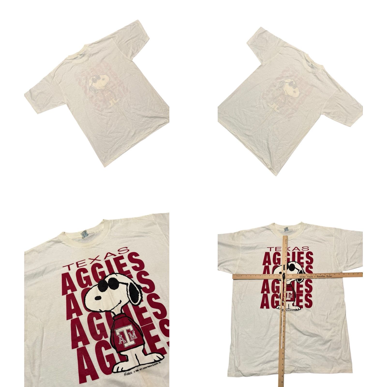 Vintage VINTAGE Texas A&M SNOOPY All Over Print T-Shirt 90s Single Stitch XL White Men | Graphic Print Crew Neck Short Sleeve Cartoon Peanuts Aggies AOP Shirt Size US XL / EU 56 / 4 - 8 Thumbnail