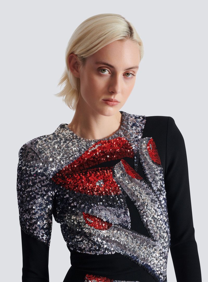 Balmain o1s1wg110526 Long Embroidered Dress with Face Motif in Black Size S / US 4 / IT 40 - 8 Thumbnail