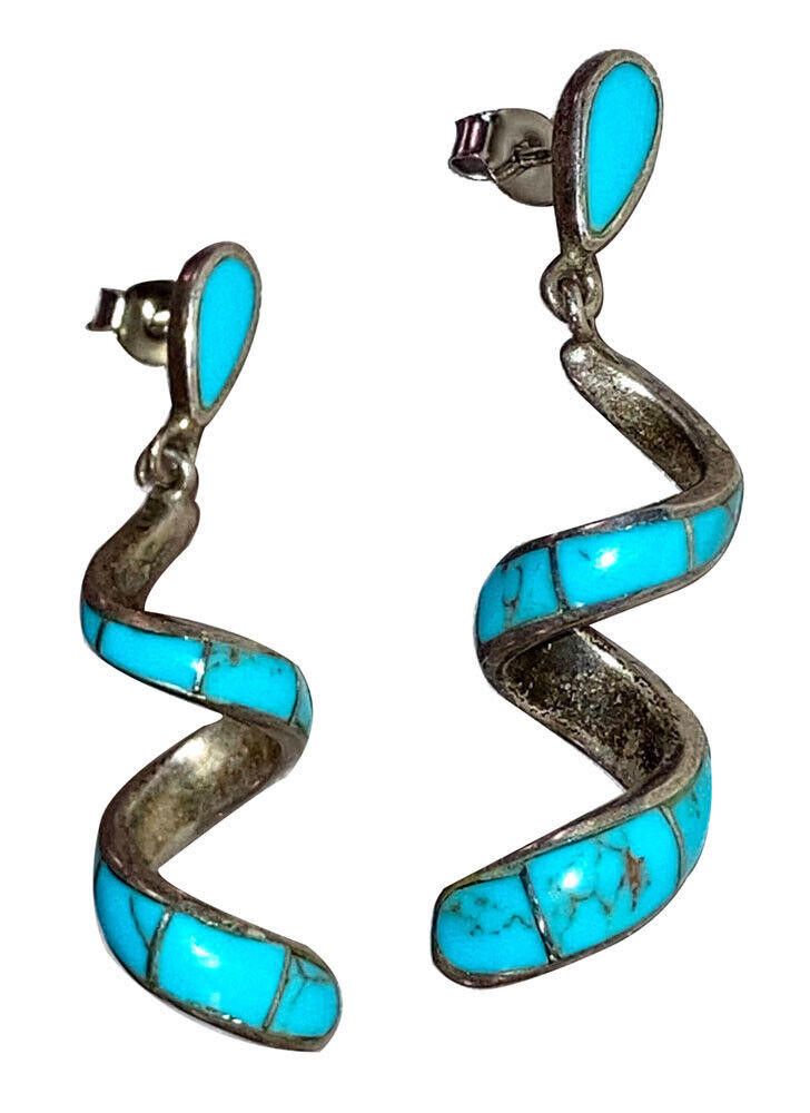 Designer Mexican Sterling Turquoise Spiral Drop Dangle Earrings Size ONE SIZE - 2 Thumbnail