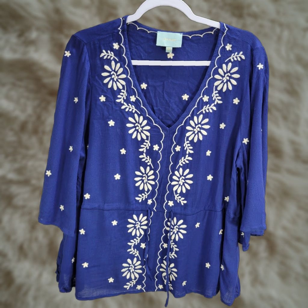 Vintage Skies are blue Blouse Blue Floral Embroidery 3/4 Sleeve V-Neck Drawstring Waist L Womens Shirt Size L / US 10 / IT 46 - 1 Thumbnail