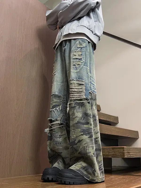 Japanese Brand Retro loose patchwork camouflage ripped jeans Size US 32 / EU 48 - 2 Thumbnail