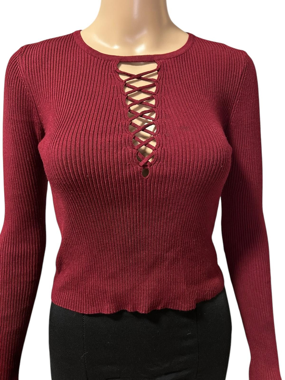 Forever 21 Forever 21 Burgundy Lace-Up Ribbed Sweater Size L / US 10 / IT 46 - 2 Thumbnail