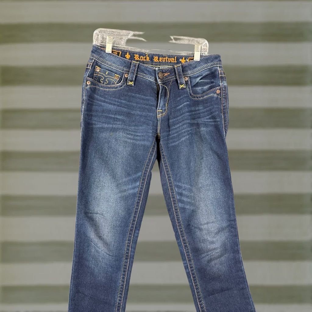 Vintage Rock Revival Jeans Womens 29 Blue Denim Jessica Skinny Stretch Low Rise Whisker Wash Pockets Size 29" - 1 Thumbnail