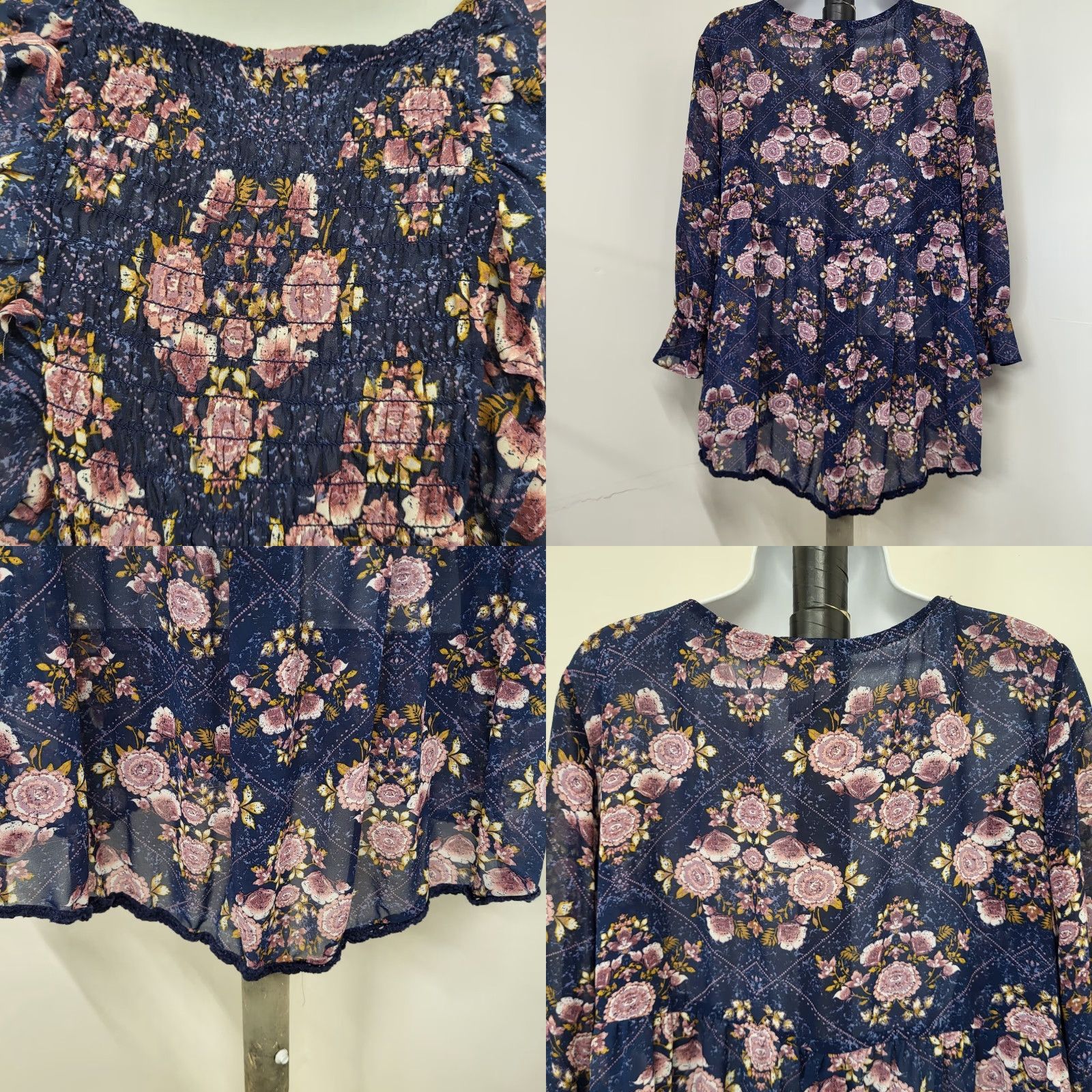 Vintage Knox Rose Blouse Womens Size L Navy Blue & Pink Floral Boho Top Embroidered Trim Size L / US 10 / IT 46 - 8 Thumbnail