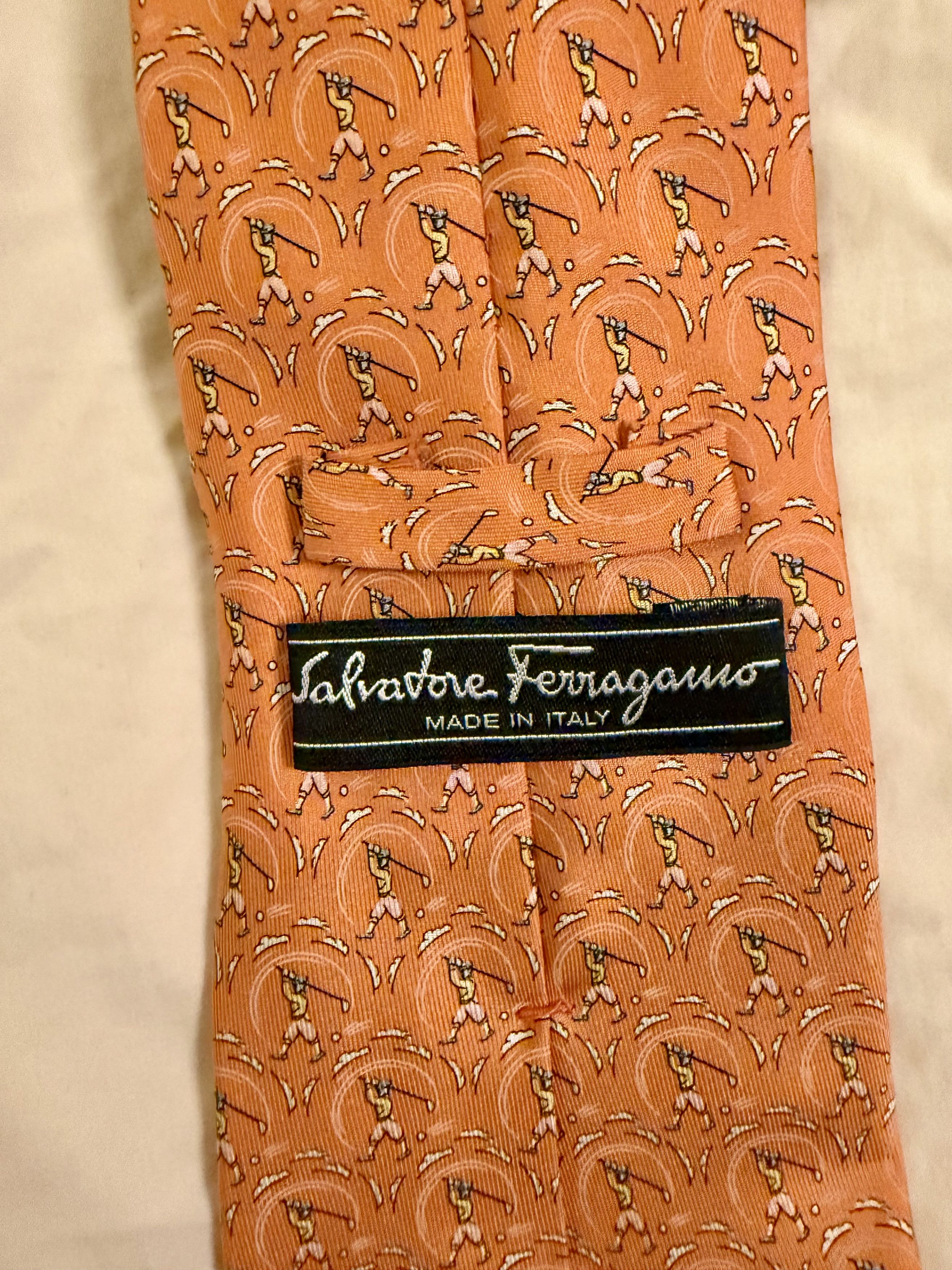 Hermes Ferragamo Golfers Silk Tie Orange Novelty Print Size ONE SIZE - 2 Thumbnail