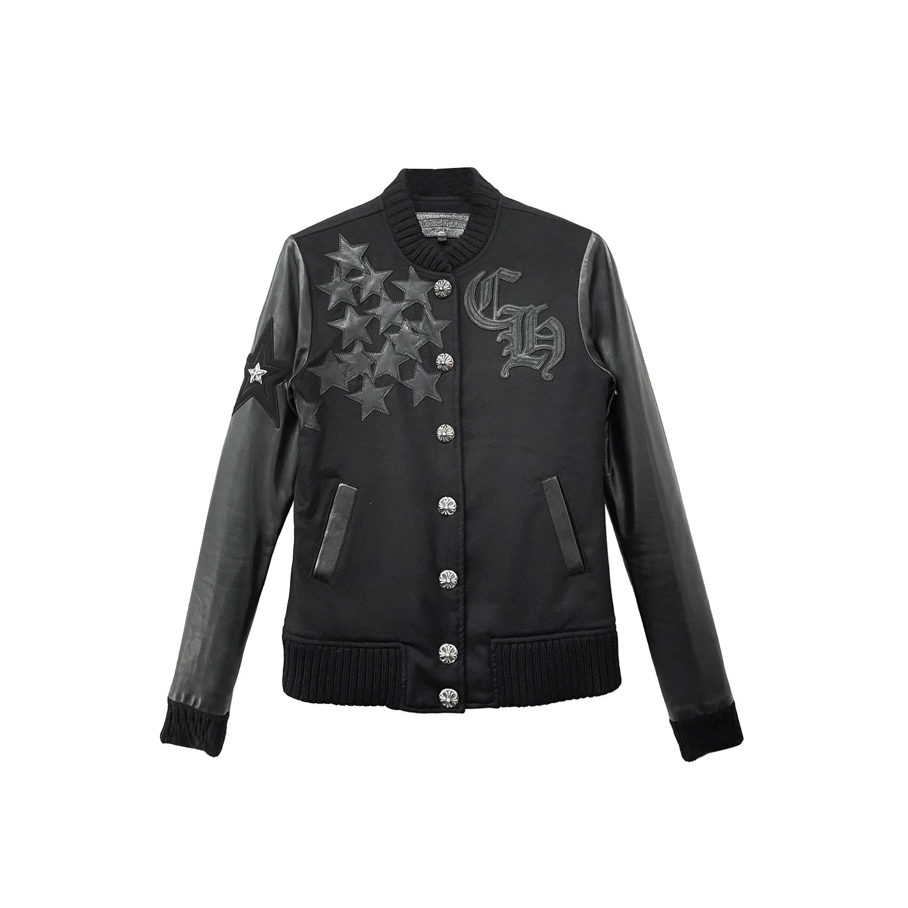 image of Chrome Hearts Stars Wool Leather Sleeve Baseball Jacket in Black, Men's (Size XS)