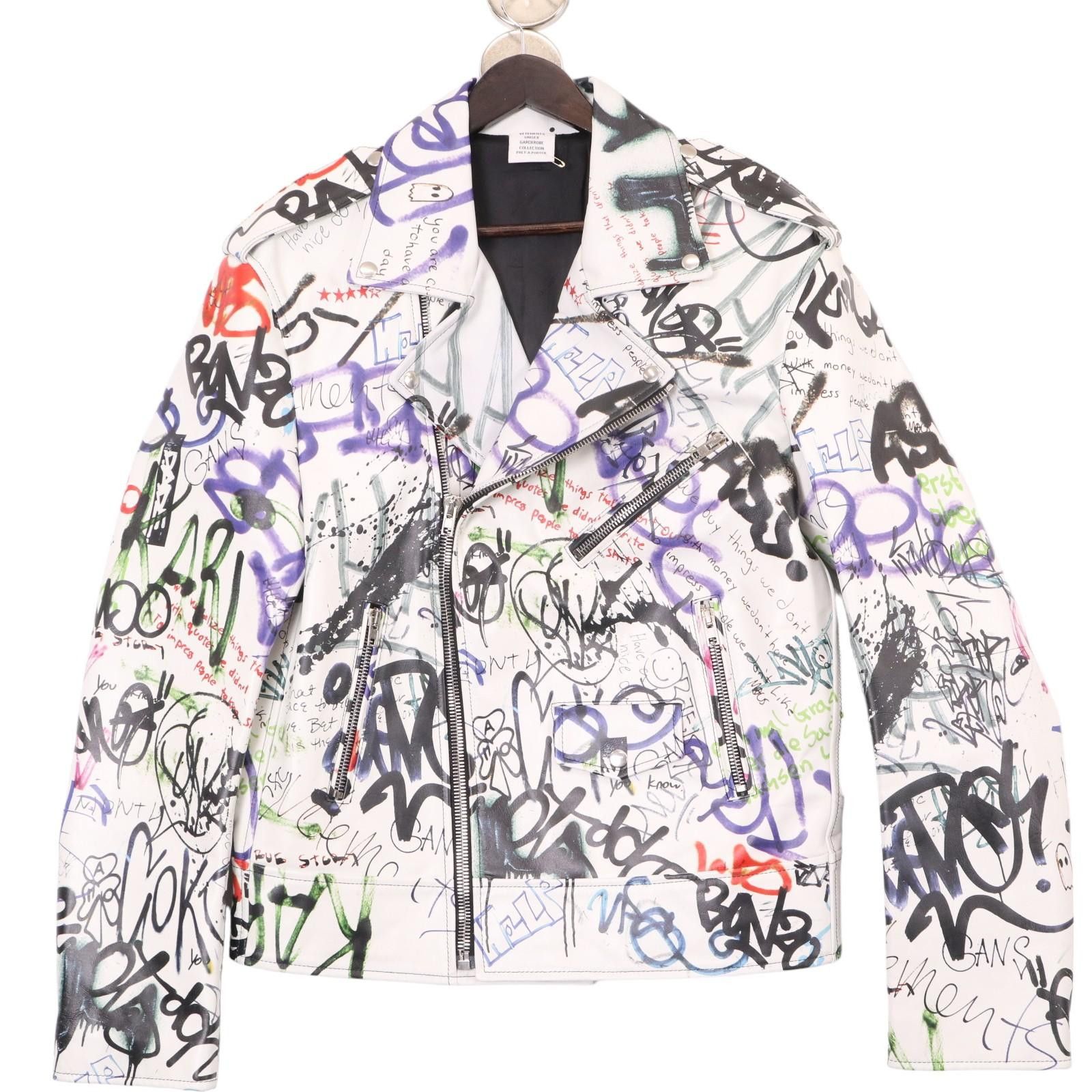 image of Vetements White Graffiti Leather Riders Jacket, Men's (Size Small)