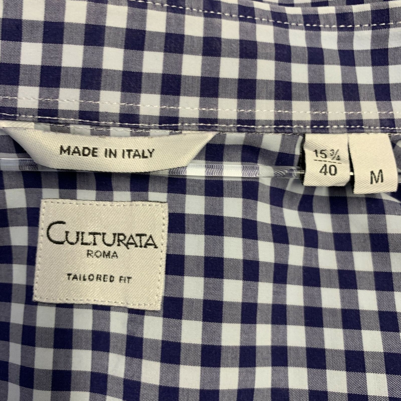 Culturata White Navy Blue Gingham Cotton Tailored Fit Long Sleeve Size US M / EU 48-50 / 2 - 5 Thumbnail