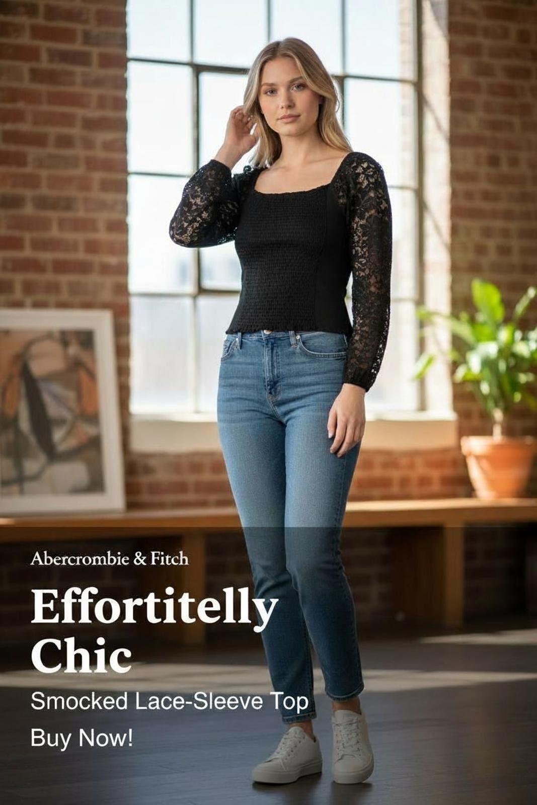 Abercrombie & Fitch Abercrombie & Fitch Women's Smocked Lace-Sleeve Top Size L / US 10 / IT 46 - 1 Thumbnail