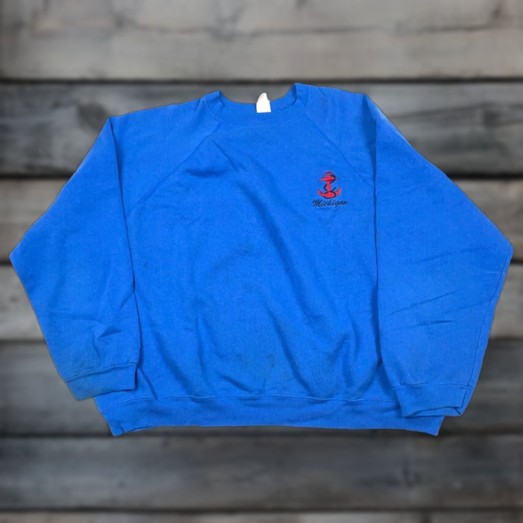Vintage VTG Pullover Sweatshirt US Made Distressed Michigan Anchor Boxy Fit Men’s 2XL Blue Cotton Blend Embroidered Nautical 90s Crew Neck Sweatshirt Size US XXL / EU 58 / 5 - 1 Thumbnail