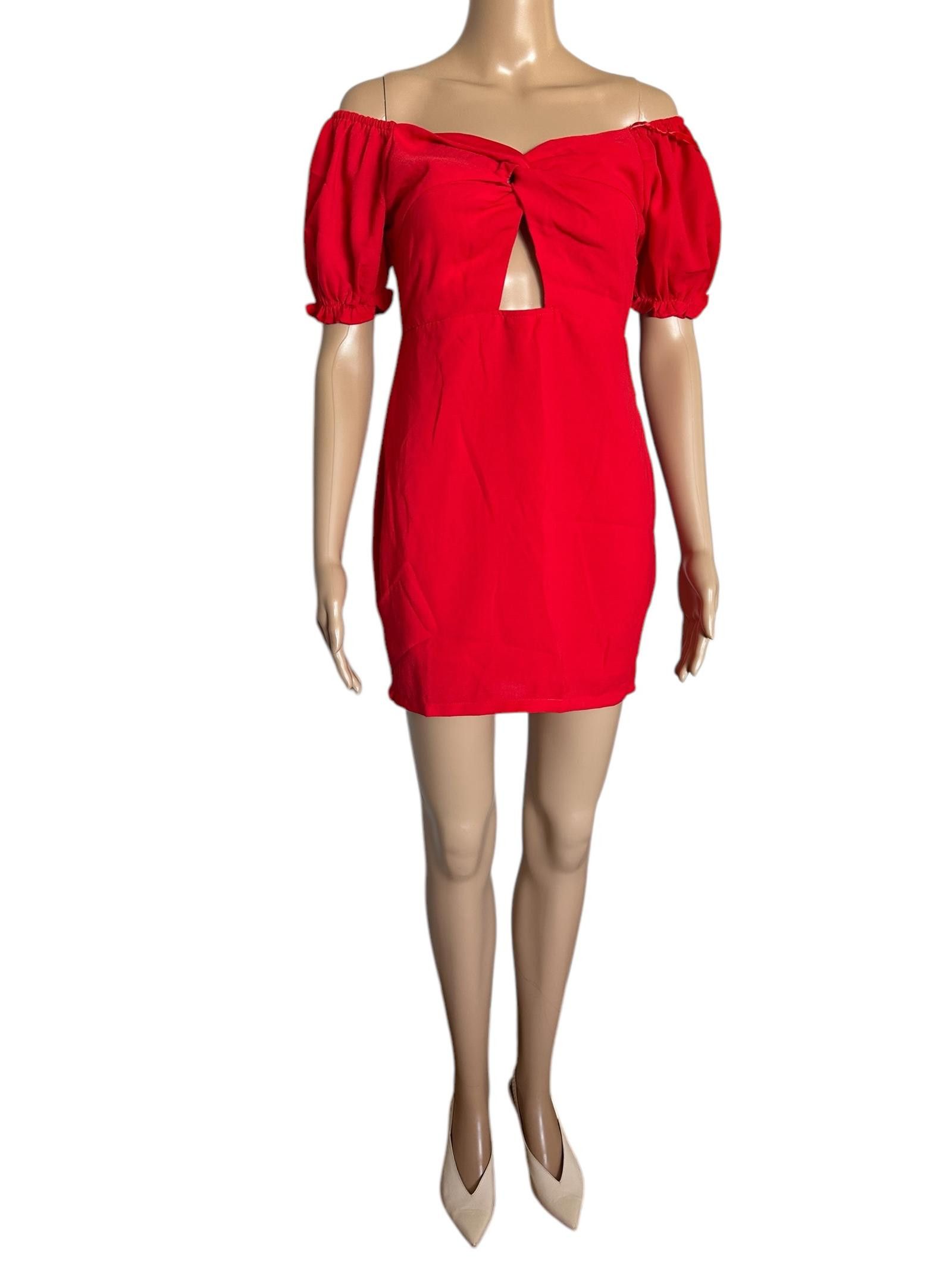 Designer Eye-Catching Red Off-Shoulder Dress with Puff Sleeves Size S / US 4 / IT 40 - 1 Thumbnail