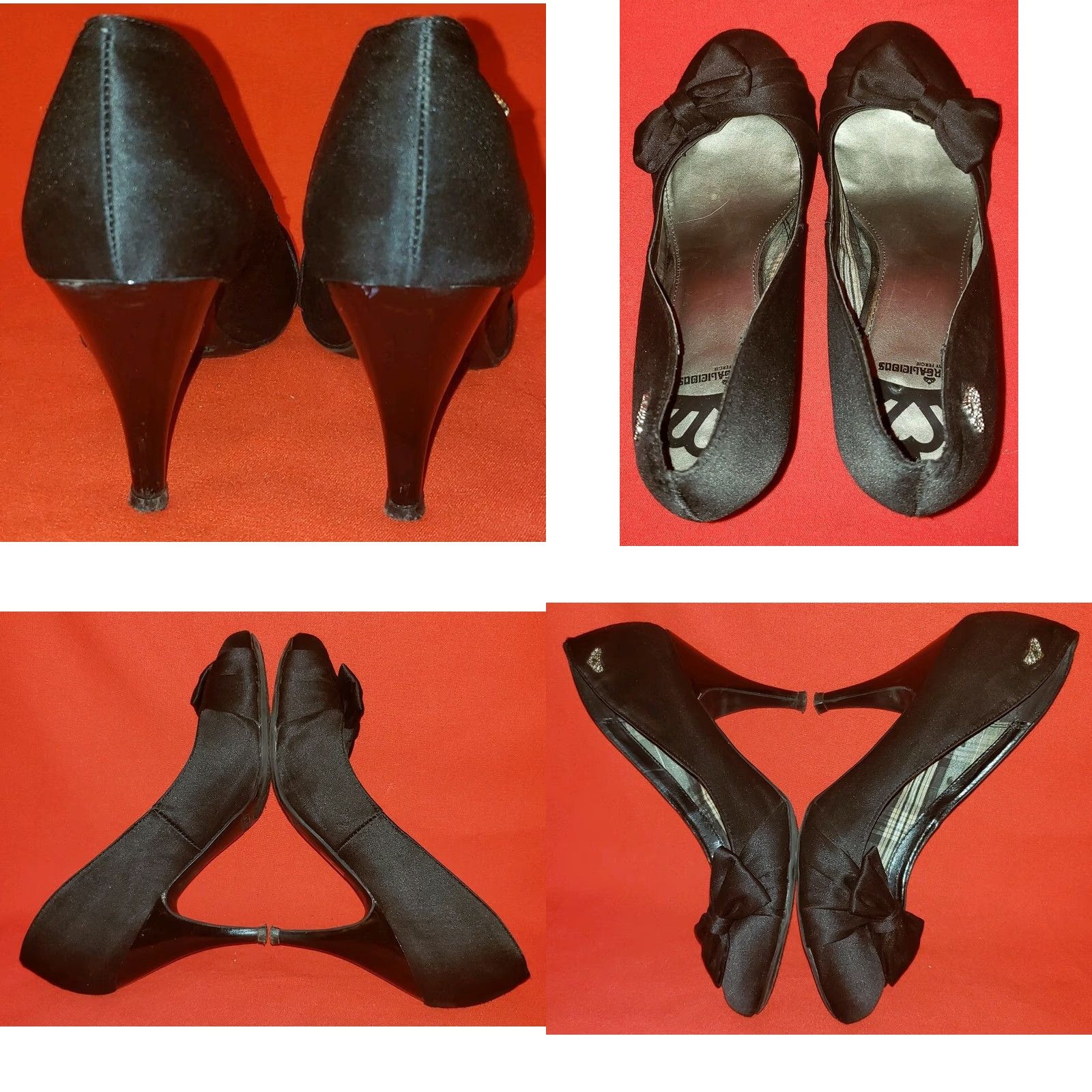 Vintage Fergalicious Pumps Kitten Heel Black Bow 8M Women’s Dress Evening Party Shoes Satin Leather Insole Size US 6 / IT 36 - 8 Thumbnail