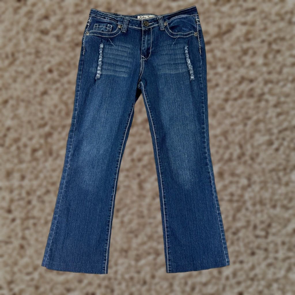 Denime Kaba Jeans Jeans Women Blue Denim Bootcut Distressed Embroidered Cotton Stretch 5-Pocket Regular Inseam 26.5 in 28 Waist Size 32" / US 10 / IT 46 - 1 Thumbnail