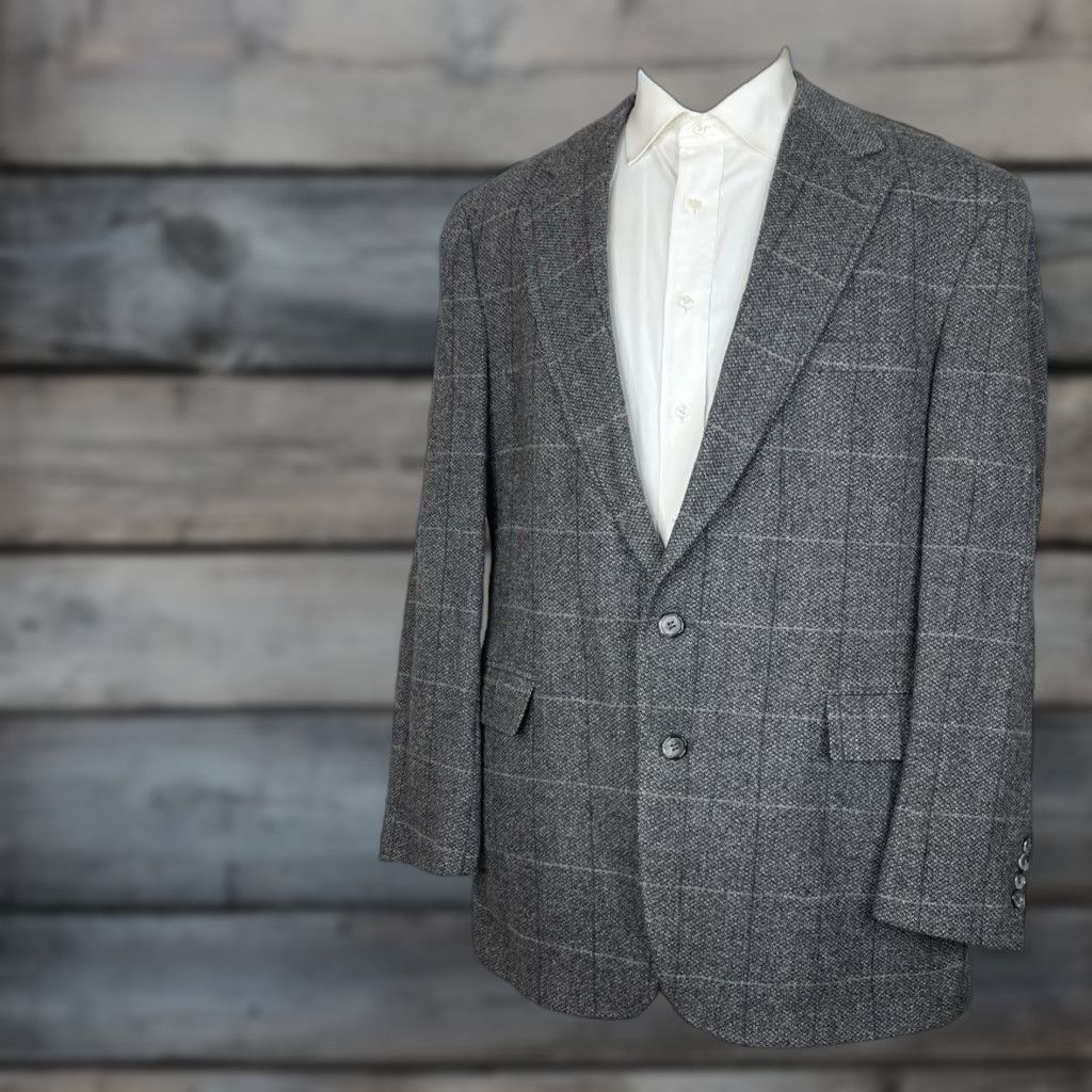 Evan Picone USA Made Sport Coat Mens 46L Gray Textured Check Wool Two Buttons Blazer Jacket Single-Breasted Notch Long - 46L Gray Evan Picone Mens USA