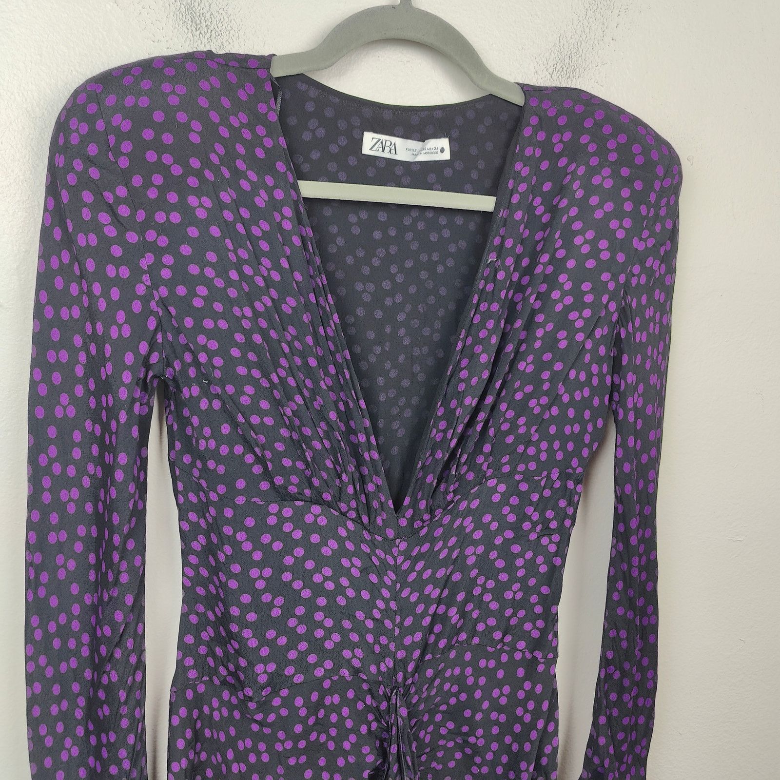 Other Zara Ruched Midi Dress Womens XS Black Purple Polka Dot Size XS / US 0-2 / IT 36-38 - 2 Thumbnail